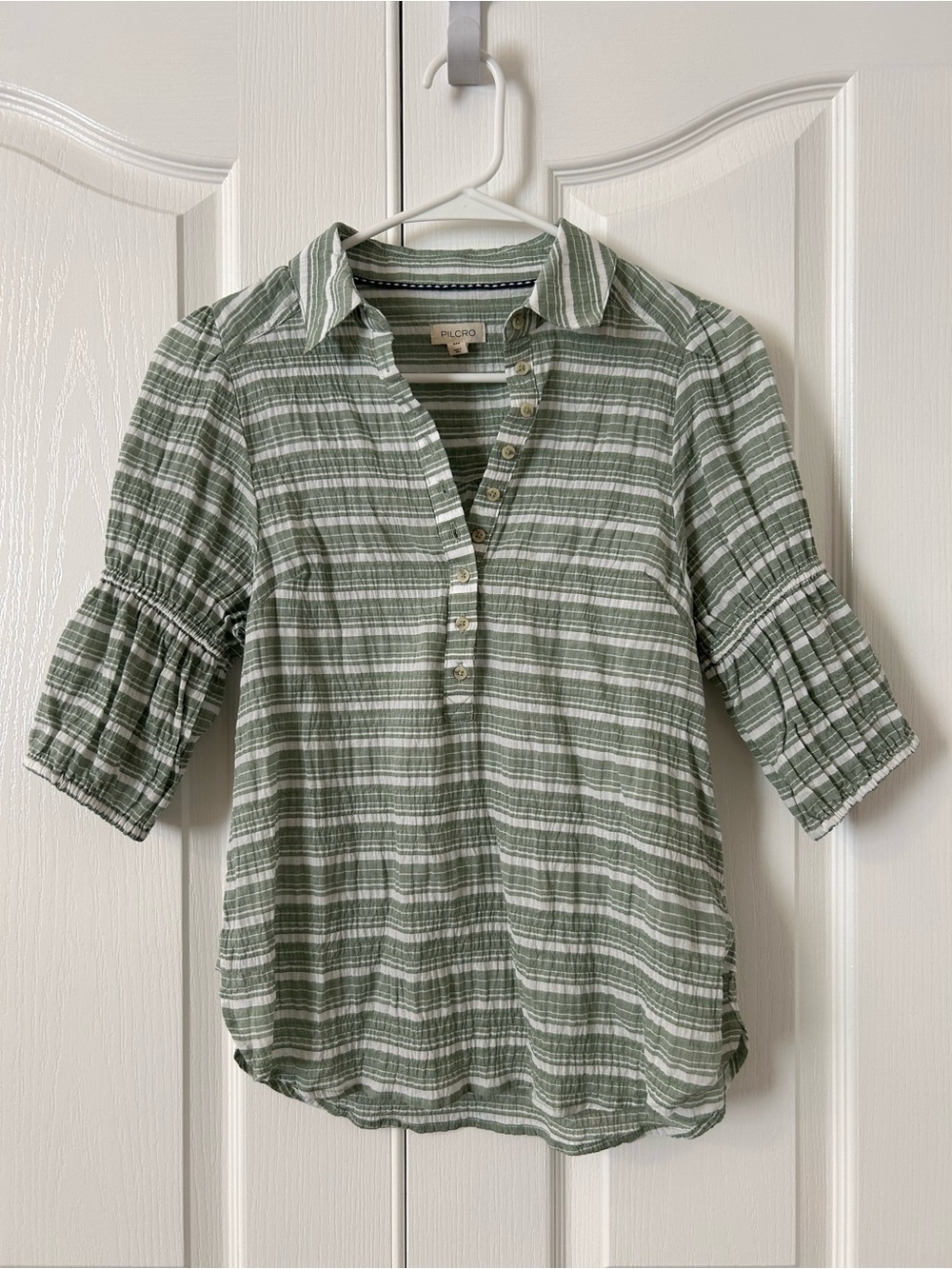 Sage and Cream Striped Button-Front Blouse
